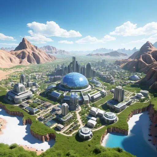 Prompt: town on terraformed pluto land with blue sky