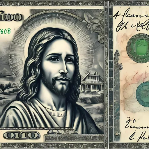 Prompt: A currency of heaven with Jesus as the picture on the note