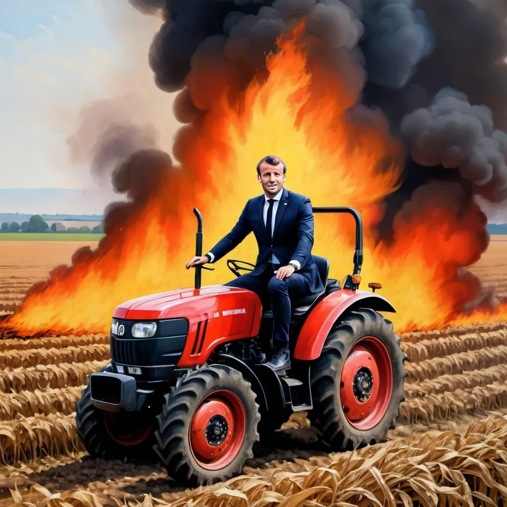 Prompt: a painting of Emmanuel Macron on top of tractor riding throw fields of crops on fire