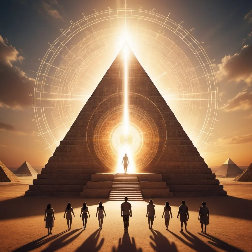 Prompt: Large pyramid with healing halo around it.  Figures of people walking around the pyramid. Artistic. Sacred geometry.