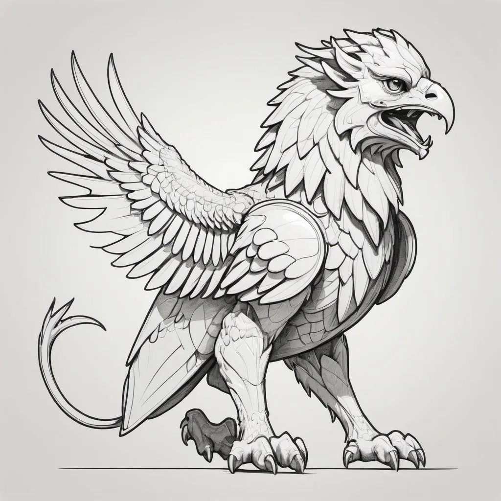 Prompt: Protego gryphon.  Stylistic line drawing.