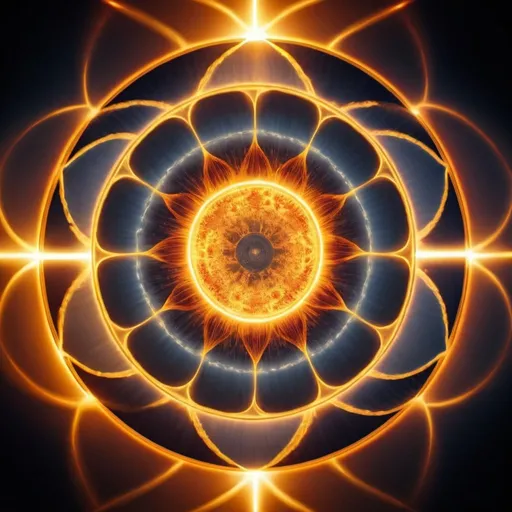 Prompt: Hydrogen fusion into helium inside the sun. Sacred geometry.