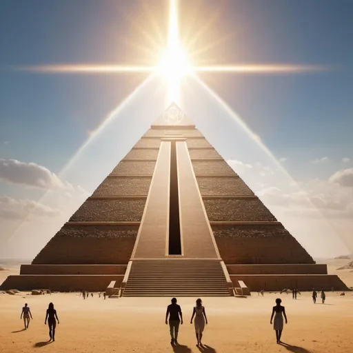 Prompt: Large pyramid with healing halo around it.  Figures of people walking around the pyramid.