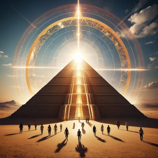 Prompt: Large pyramid with healing halo around it.  Figures of people walking around the pyramid. Artistic. Sacred geometry.