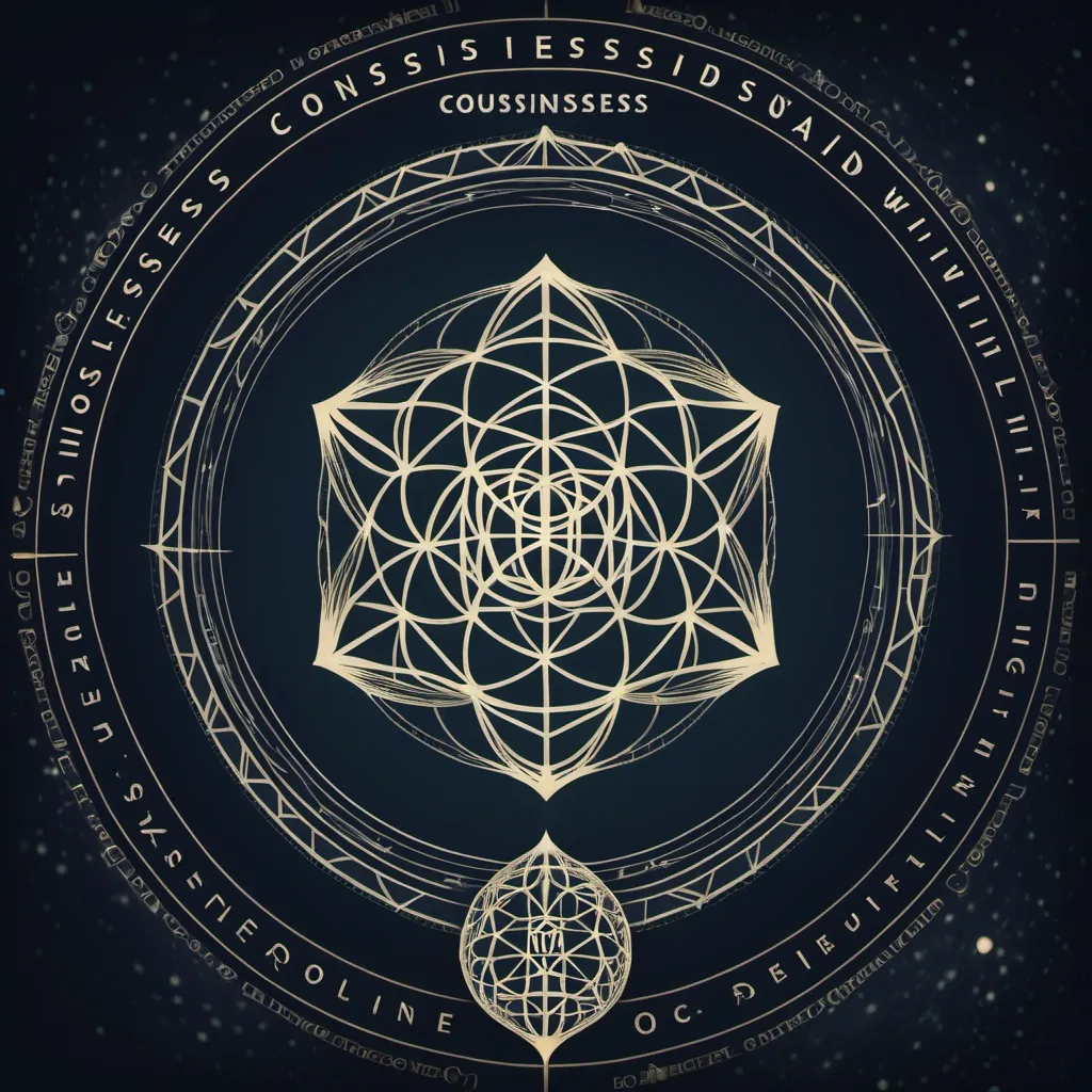 Prompt: Text over background image.

Text: "Consciousness is individual will"

Image: Sentiment in text expressed as sacred geometry