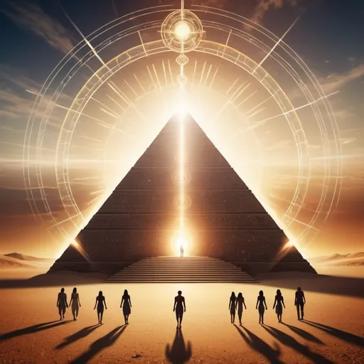 Prompt: Large pyramid with healing halo around it.  Figures of people walking around the pyramid. Artistic. Sacred geometry.