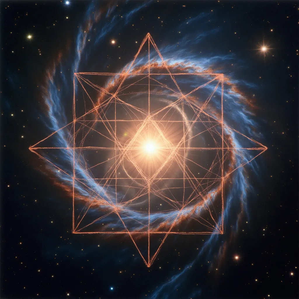 Prompt: Sacred geometry overlaid over images taken by hubble space telescope of spiral nebulae