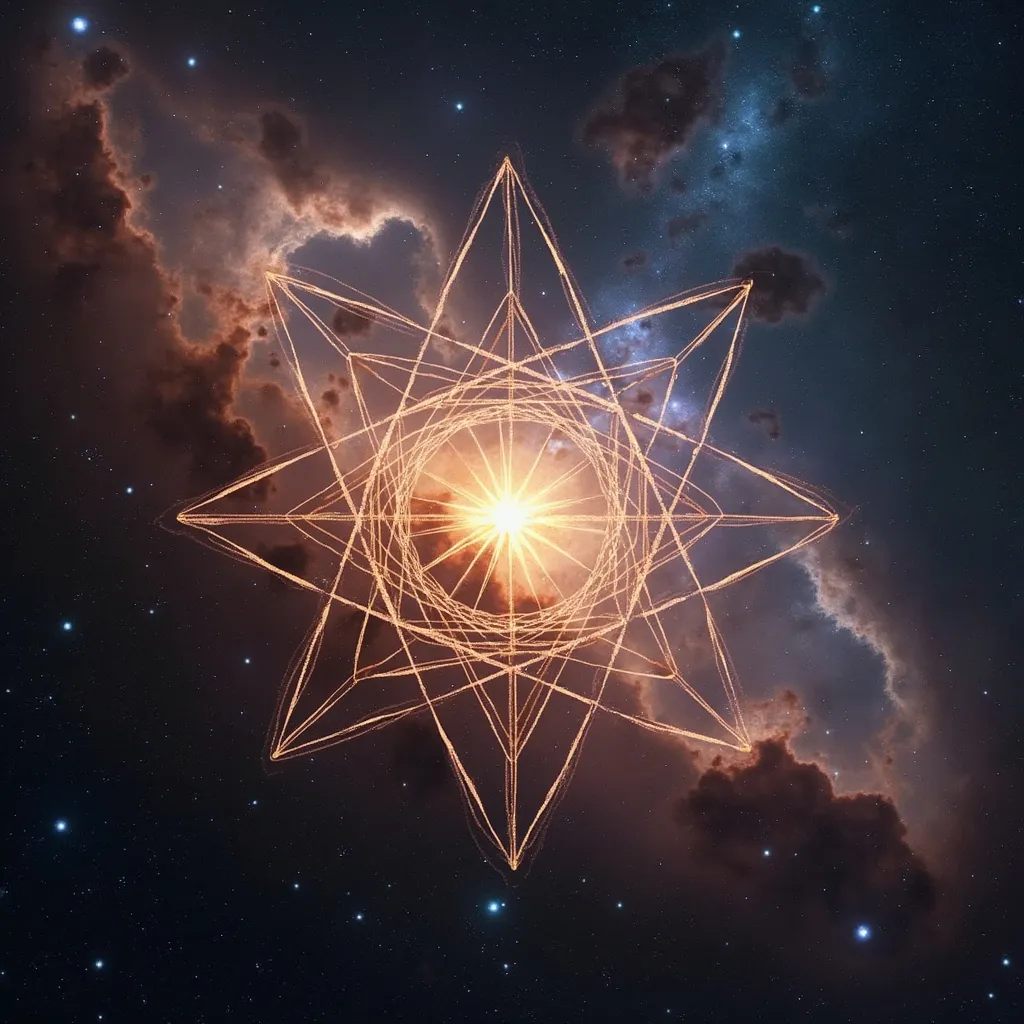 Prompt: Sacred geometry overlaid over images taken by hubble space telescope of nebulae