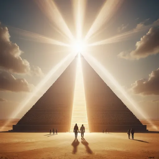 Prompt: Large pyramid with healing halo around it.  Figures of people walking around the pyramid. Artistic.