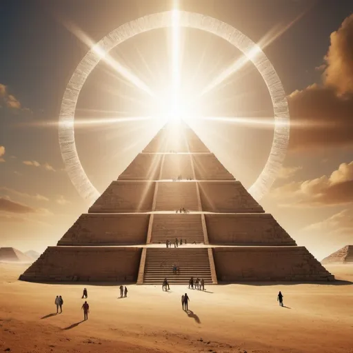 Prompt: Large pyramid with healing halo around it.  Figures of people walking around the pyramid. Artistic.