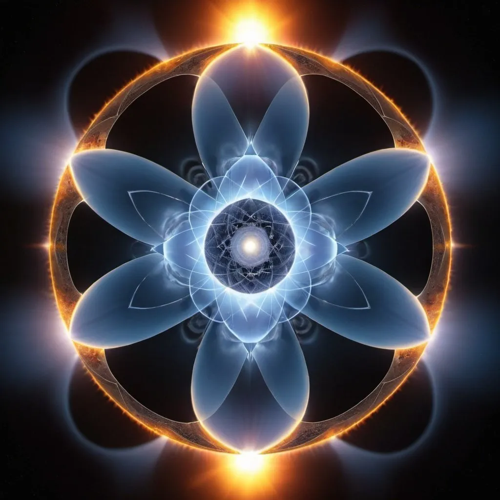 Prompt: Hydrogen fusion into helium inside the sun. Sacred geometry.