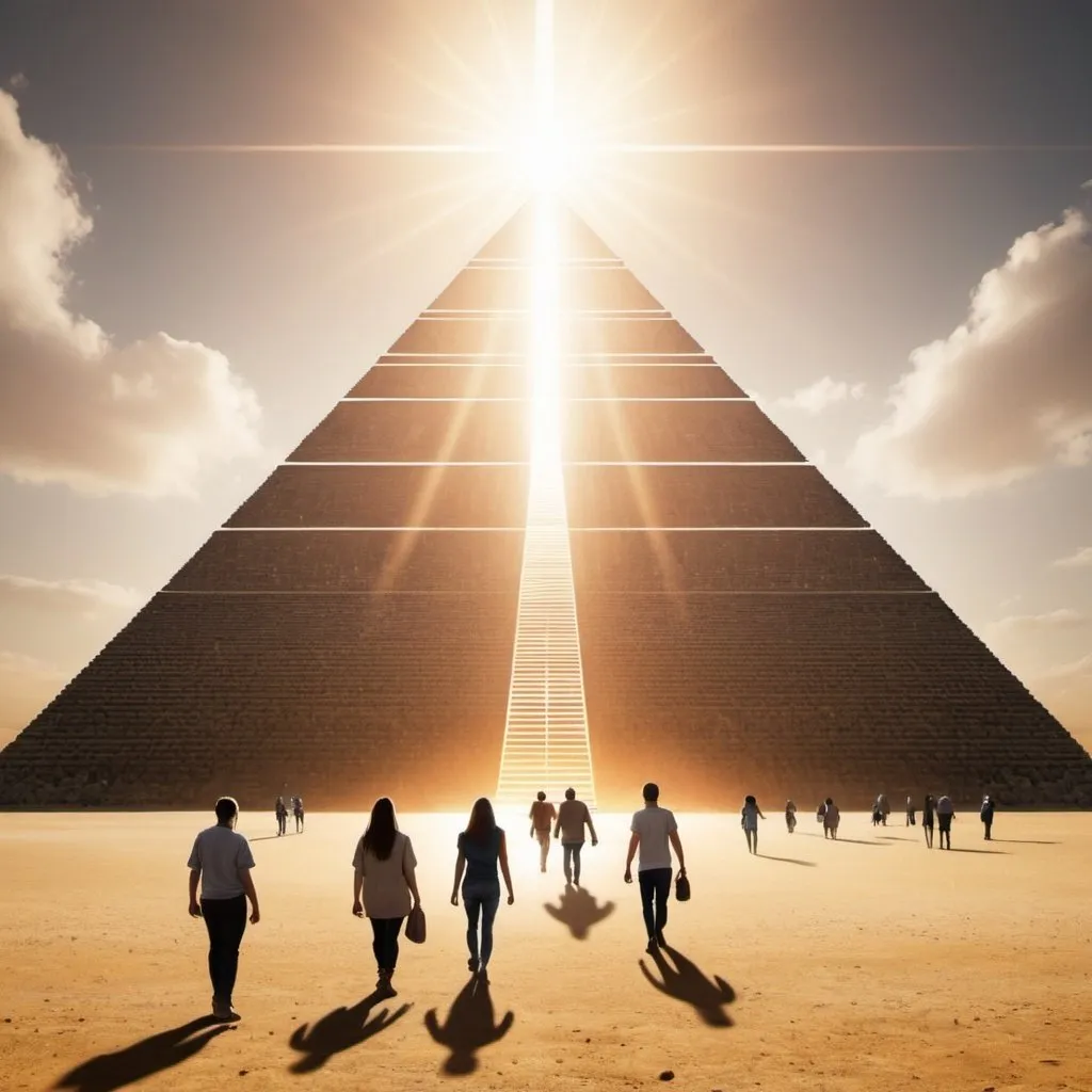 Prompt: Large pyramid with healing halo around it.  Figures of people walking around the pyramid.