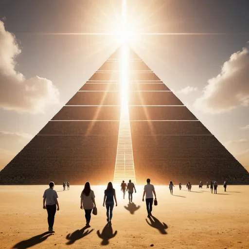 Prompt: Large pyramid with healing halo around it.  Figures of people walking around the pyramid.