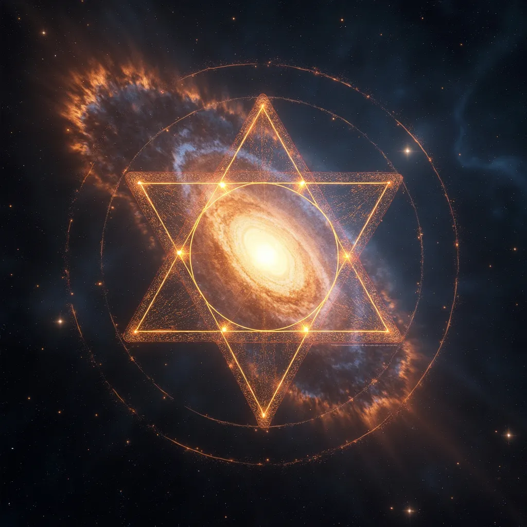 Prompt: Sacred geometry overlaid over images taken by hubble space telescope