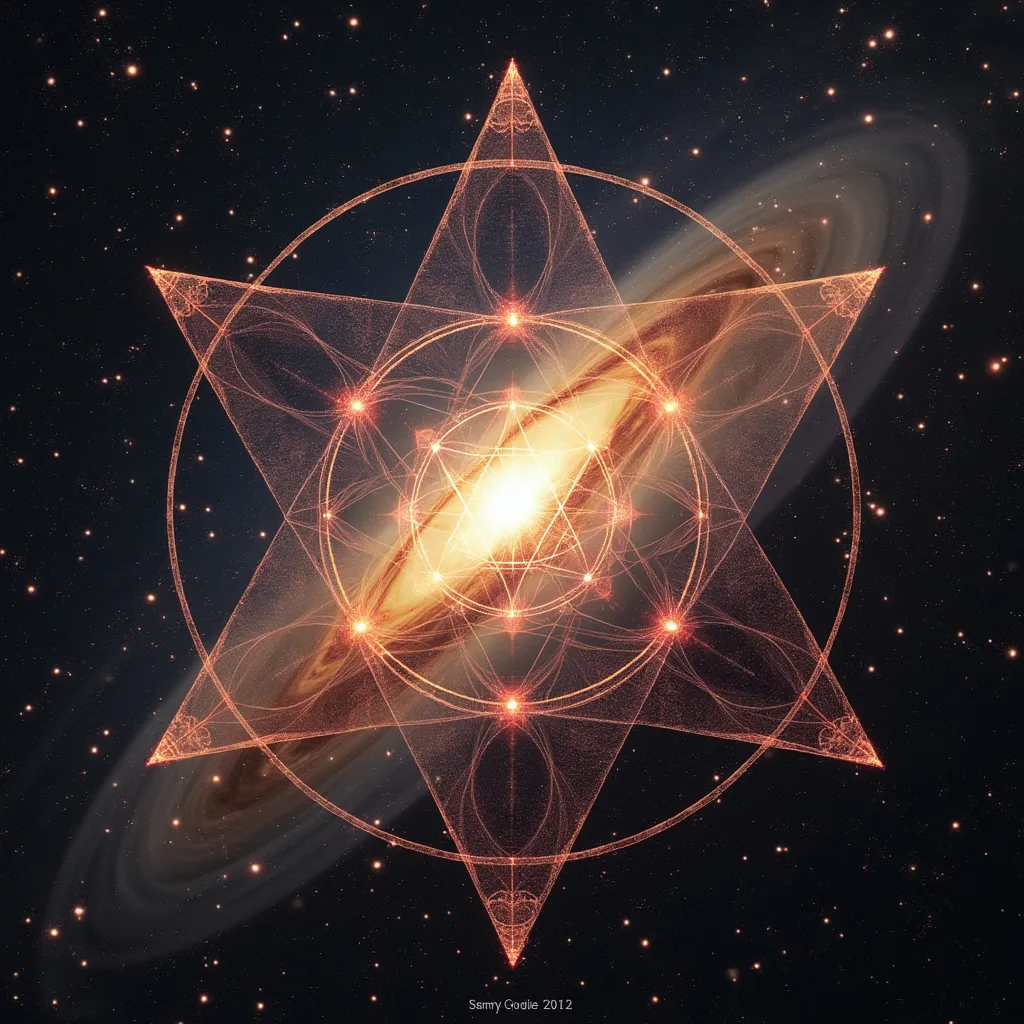 Prompt: Sacred geometry overlaid over images taken by hubble space telescope