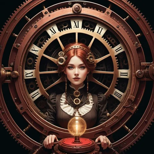 Prompt: Steampunk illustration illustration of a woman into a red labyrinth and watching a star, Steampunk illustration of a virtual woman's birthday celebration, materialized by the mind of another, a prominent broadcaster, mystery-solving enthusiast, well-trained, highres, ultra-detailed, steampunk, virtual woman, birthday celebration, intricate mechanical details, vintage Victorian setting, prominent broadcaster, mystery-solving enthusiast, well-trained, antique technology, gears and cogs, brass and copper tones, atmospheric lighting black and white style, star