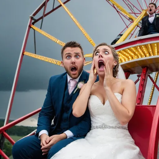 Prompt: a shocked bride & groom sat on a ferris wheel in a thunderstorm