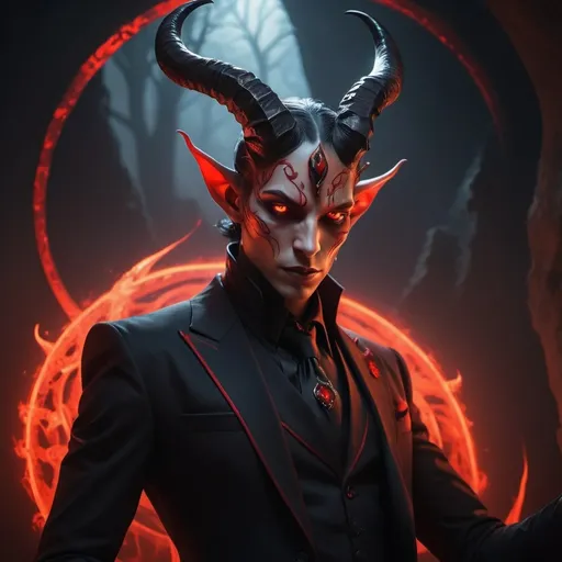 Prompt: (Androgynous tiefling sorcerer), red skin, forked tail, wearing an elegant all-black suit, intense glowing red eyes with no pupils or irises, striking red antelope horns, confident pose, surrounded by mystical arcane energy, dark and enigmatic atmosphere, rich shadows contrasting with the suit, high detail, captivating composition, 4K quality, ethereal lighting adding surreal elegance.