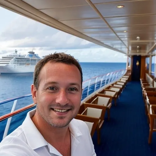 Prompt: 40 year old male travel agent facebook profile picture on a cruise ship