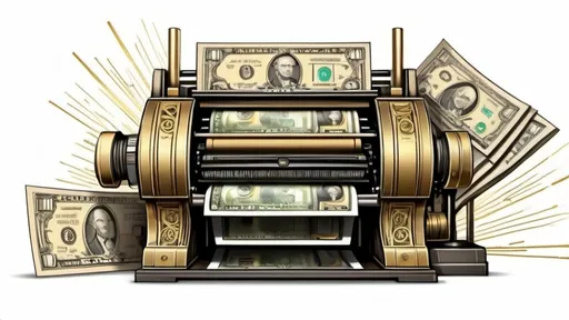 Prompt: a colored drawing  using alot the colors dark and gold, printing-machine printing dollar bills, Cui Bai, institutional critique, line art, a wireframe diagram, 