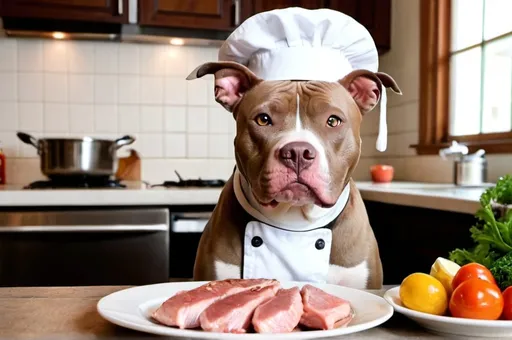 Prompt: A pit bull dog with a cook's chef hat behind a table. On the table there are several plates with pork chops, steaks and raw fish. it seems the pit bull is about to teach a cooking class.