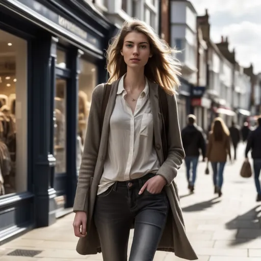 Prompt: Tall young woman walking down the high street, detailed clothing, realistic, natural lighting with iPhone in her hanbd