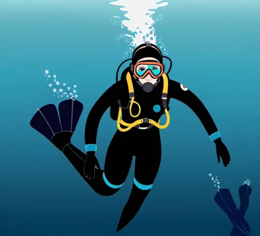 Prompt: Woman wearing scuba diving suit and flippers swimming underwater cartoon image