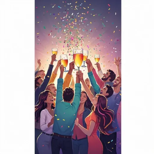 Prompt: Farewell party poster, vibrant digital illustration, group of friends raising a toast, dynamic and energetic atmosphere, colorful confetti, best quality, high-res, vibrant digital illustration, celebratory, joyful, lively, colorful, dynamic composition, cheerful lighting, detailed expressions, modern
