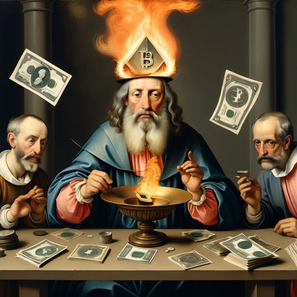 Prompt: bosch renaissance art with burning paper money and bitcoin like god