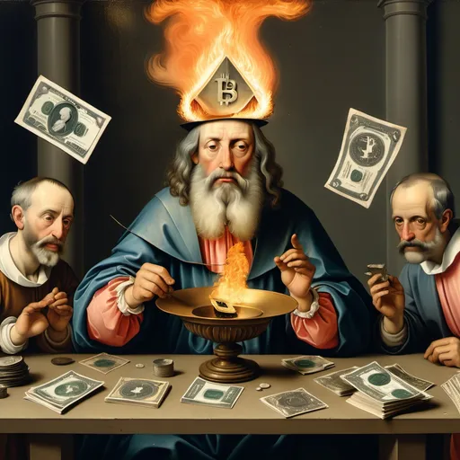 Prompt: bosch renaissance art with burning paper money and bitcoin like god