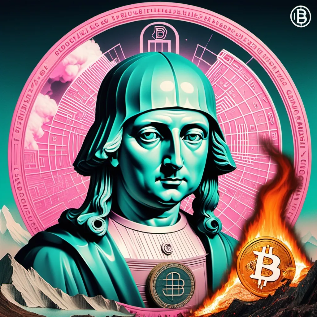 Prompt: renaissence bosch art mix with vaporwave futuristic bitcoin logo and burning central banks