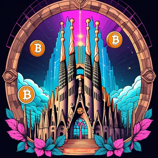 Prompt: Bitcoin logo and Sagrada Familia make it with bosch reinassence and vaporwave style with