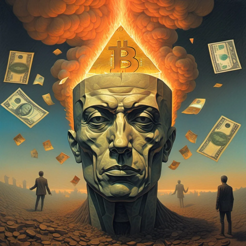 Prompt: Beksinski art style bitcoin and burning paper money