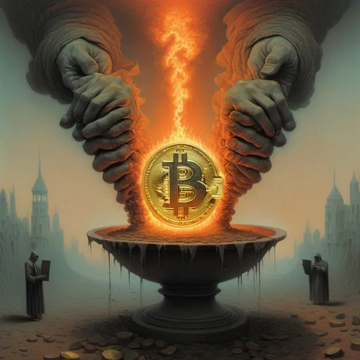 Prompt: Beksinski art style bitcoin and burning paper money