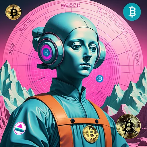 Prompt: renaissence bosch art mix with vaporwave futuristic and bitcoin logo