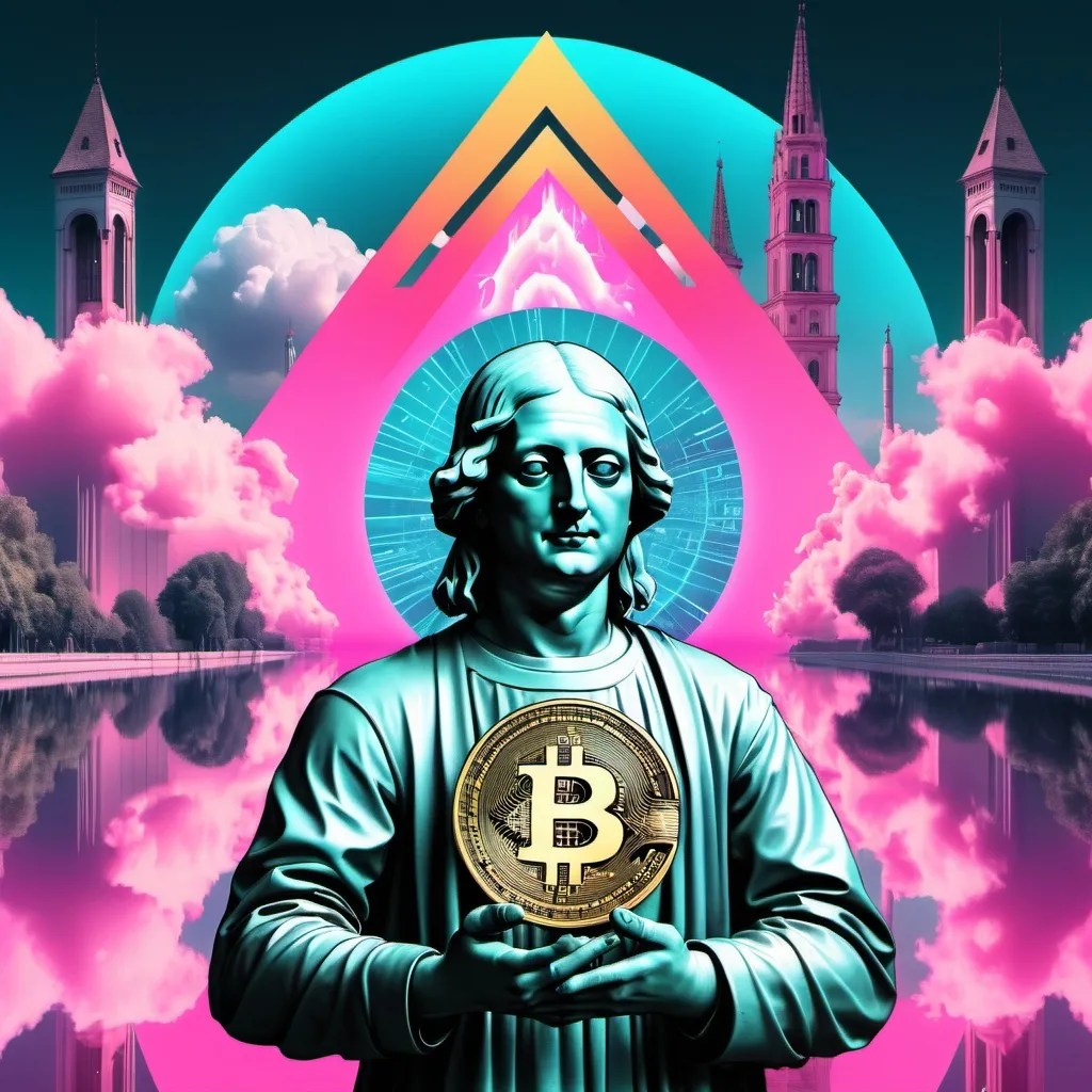 Prompt: renaissence bosch art mix with vaporwave futuristic bitcoin logo and burning banks