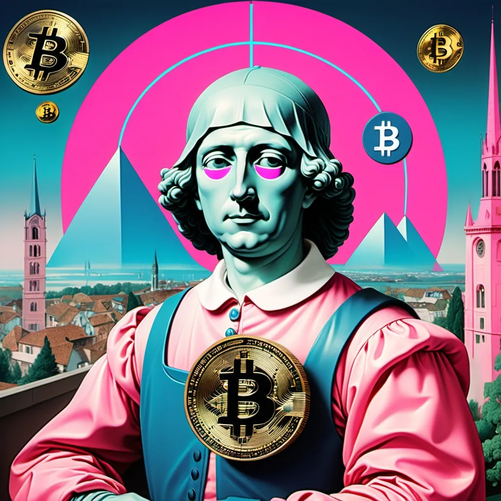 Prompt: renaissence bosch art mix with vaporwave futuristic and bitcoin logo butrning banks