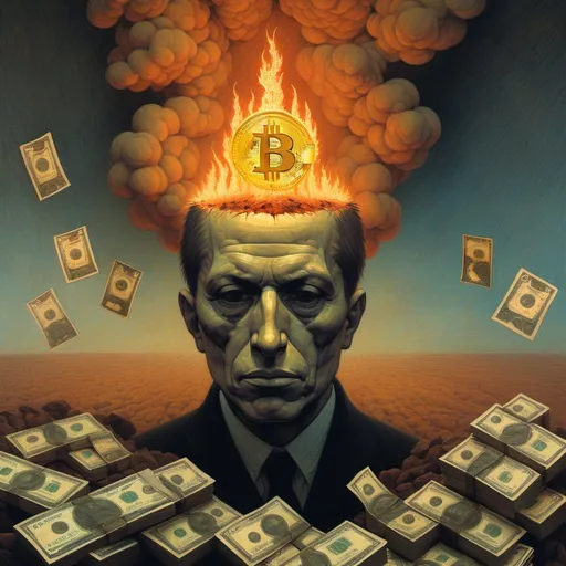 Prompt: Beksinski art style bitcoin and burning paper money