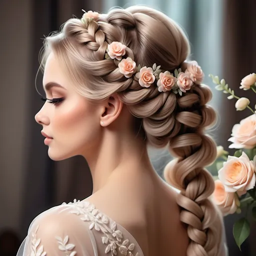 Prompt: (bride’s hair braid), elegant braid design, adorned with delicate flowers, soft romantic lighting, warm pastel color palette, dreamy atmosphere, beautiful background with soft textures, luxurious details, graceful and sophisticated vibe, ultra-detailed, high quality, suitable for a wedding portrait.