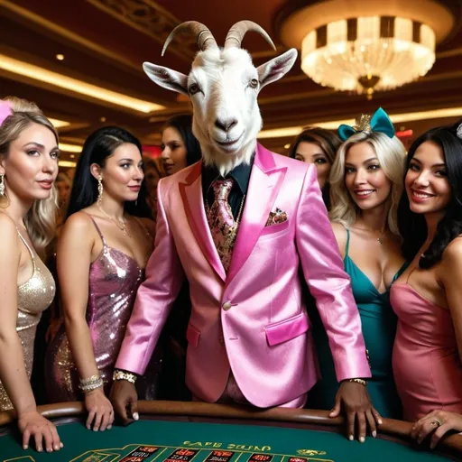 Prompt: A goat wearing a pimp suit surrounded by women wearing party clothes in a casino.