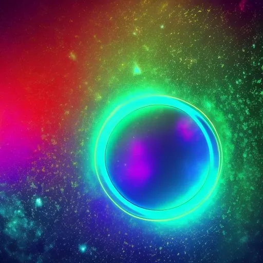 Prompt: illusion with neon blue and green as a tunnel and red in the middle with a galaxy outlining and a sunset with water and neon yellow blue and neon green and teal with golden rings and cosmic stars in the middle of the golden rings