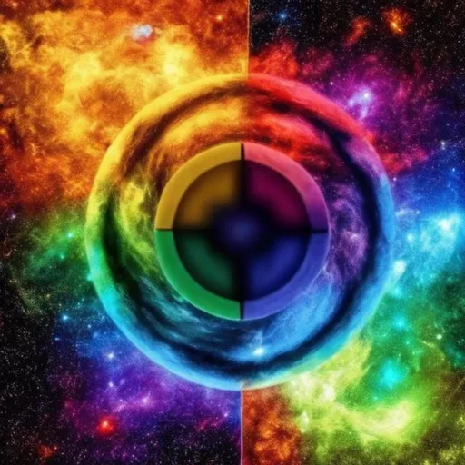 Prompt: rainbow color water and fire moving together in a circle with galaxy in the background but they are moving together like yin and yang