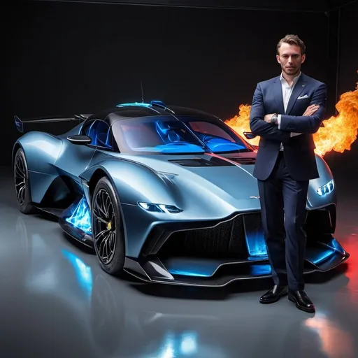 Prompt: platinum blue diamond Aston Martin Valkyrie 2021 with lightning aura waves going over it and blue flaming red tires with hover seats on a 1 gigabillion dollar island