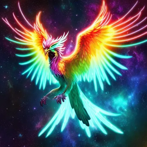 Prompt: phoenix with NEon teal body and Golden neon yellow wings and 3 tails in a galaxy sky