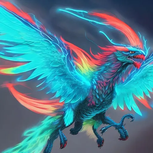 Prompt: Neon blue red griffin with NEon blue rocks coming out of its wings and Neon SFX green talons and Red lightning coming around it