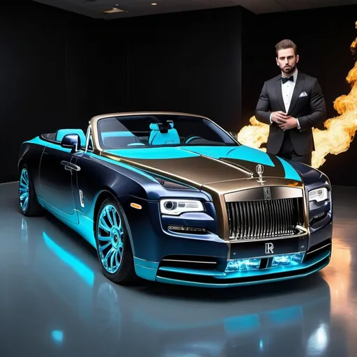 Prompt: rolls Royce supercar with a low top and platinum golden diamond exterior and a fullyfunctional fire tires of blue flame with diamond golden glowing lights and a wind aura around the car of tealish diamond blue