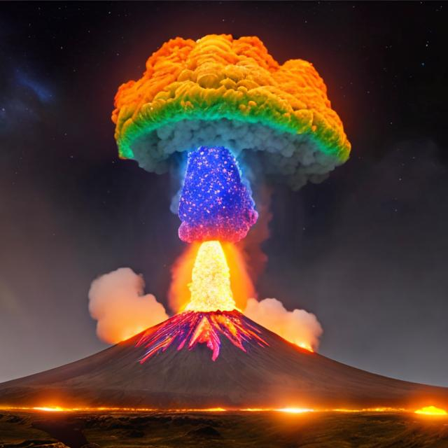Prompt: ultra realistic rainbow volcano erupting rainbow shooting stars