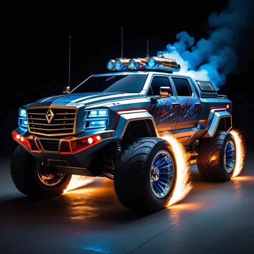 Prompt: 3000 years into the future futuristic cyber truck with platinum gold and diamond body and stainless steel tires with laser gun and 4 mini flamethrowers blowing blue and red fire on the wheels making it have blue and red fired tires
