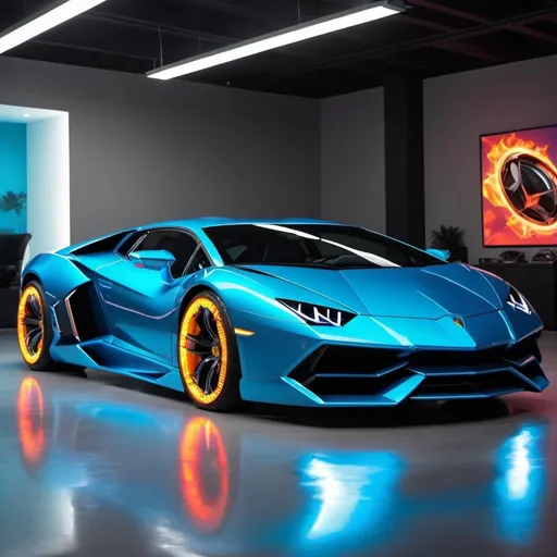 Prompt: 1 sextillion dollar hover lamborghini with platinum diamond hover color and futuristict colored flaming tires fully functional ipad screening interior and neon blue lights exterior