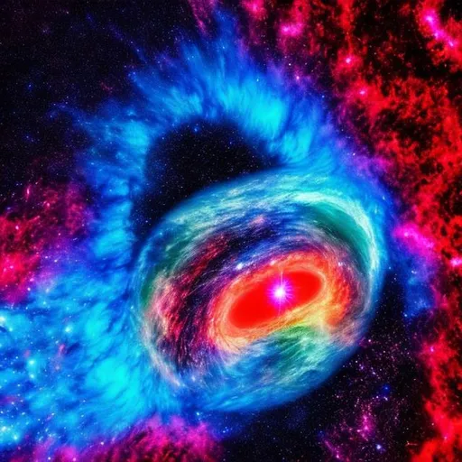 Prompt: cloud and earth in a galaxy full of neon blue and red with galaxy in the middle of the collision that will be happening when the blue and red collide and cosmic stars will come out of a laser coming from earth